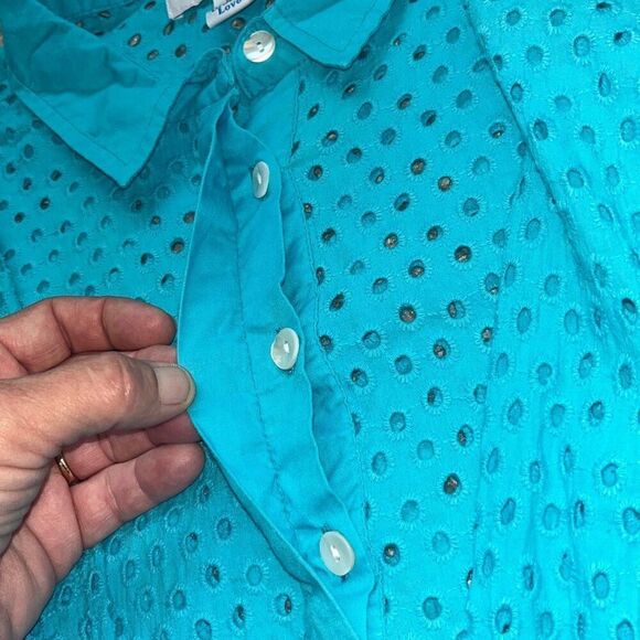 Gretchen Scott Popover Eyelet Collared 1/2 Button 3/4 Sleeve Shirt Teal Women’s - Picture 5 of 11